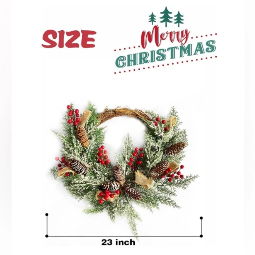 Festive Holiday Wreath with Red Berries, Pinecones and Artificial Snow